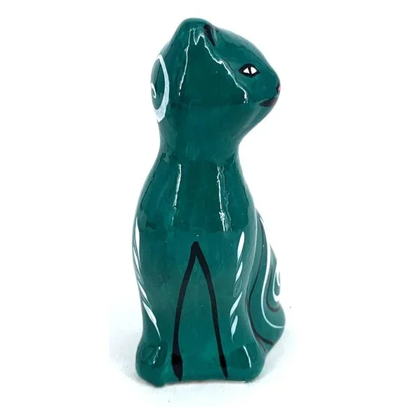 Talavera Cat Figurine Hand Painted Mexican Ceramic Green 5.5" - Picture 6 of 8